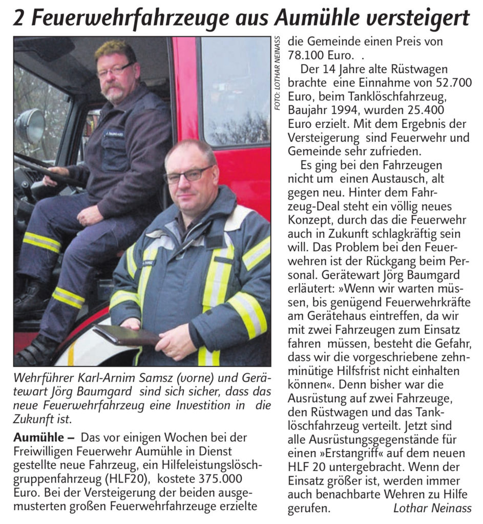 „2 Feuerwehrfahrzeuge aus Aumühle versteigert” - Artikel aus dem „DerReinbeker” vom 26.04.2016